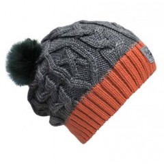 Beanie No.3 - Mützenfarbe Koralle-Grau - Bommelfarbe Fakefur Petrol