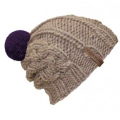 Beanie Handmade Zopf - Mützenfarbe Sand - Bommelfarbe Lila