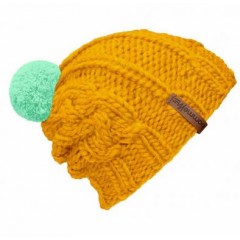 Beanie Handmade Zopf - Mützenfarbe Gelb - Bommelfarbe Mint