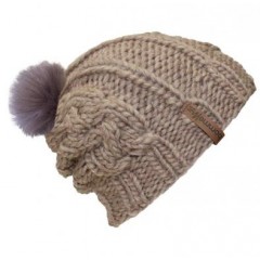 Beanie Handmade Zopf - Mützenfarbe Sand - Bommelfarbe Fakefur Altrosa