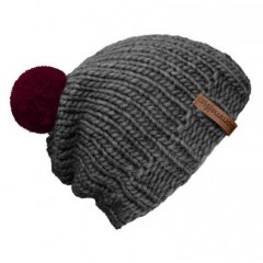 Beanie Handmade - Mützenfarbe Grau - Bommelfarbe Bordeauxrot