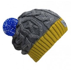 Beanie No.3 - Mützenfarbe Gelb-Grau - Bommelfarbe Reflektor Blau
